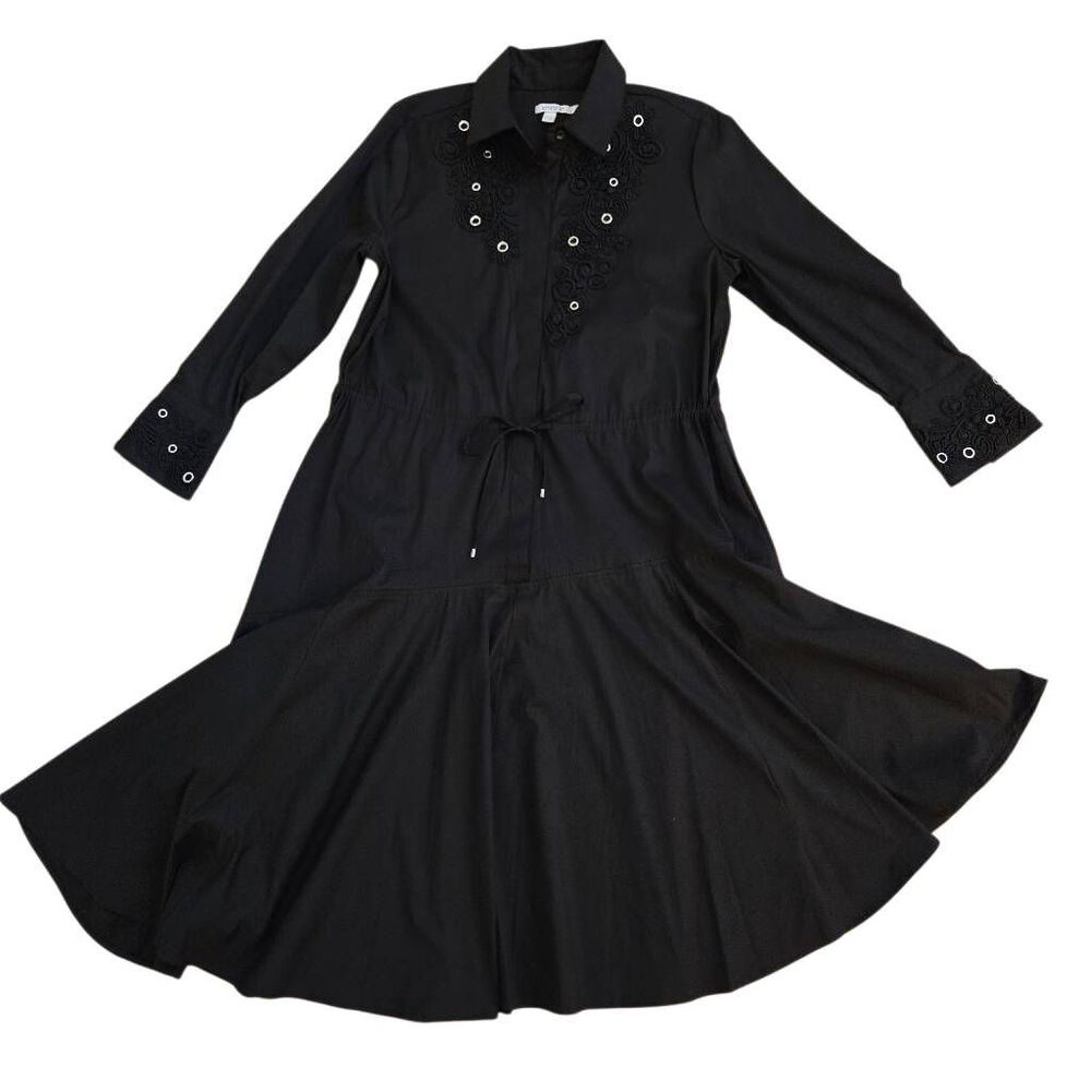 Chico's Womens Embroidered Lace Button Front Drawstring Waist Dress Black Size 8